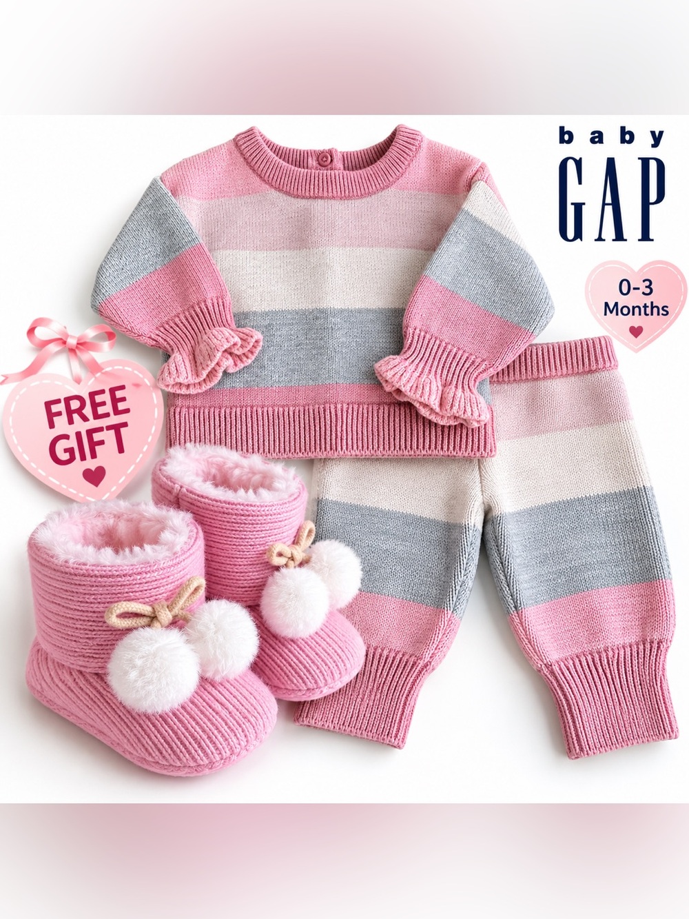 💖 Baby GAP Knit Sweater & Pants Set 0-3M + FREE Booties
